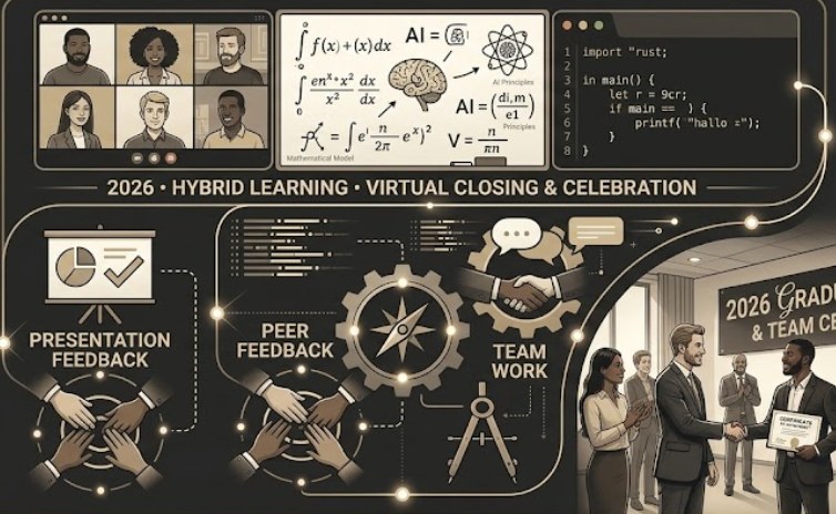 Hybrid learning — virtual sessions across the year, in-person closing ceremony