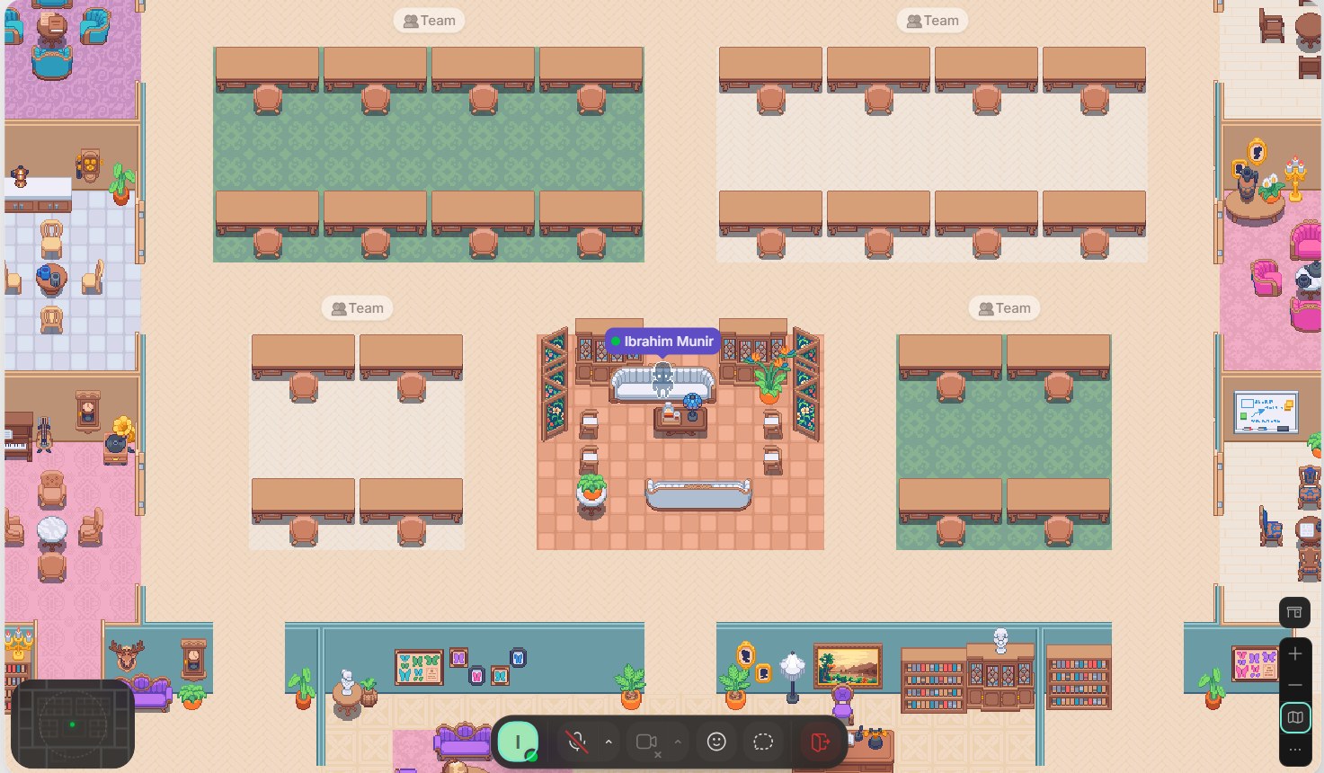 Gather Town virtual classroom used for the bootcamp's online sessions — team rooms and shared spaces